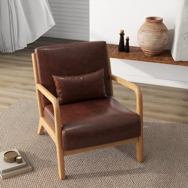 Modern Coffee Faux Leather Wood Frame Upholstered Accent Arm Chair (Set of 1)