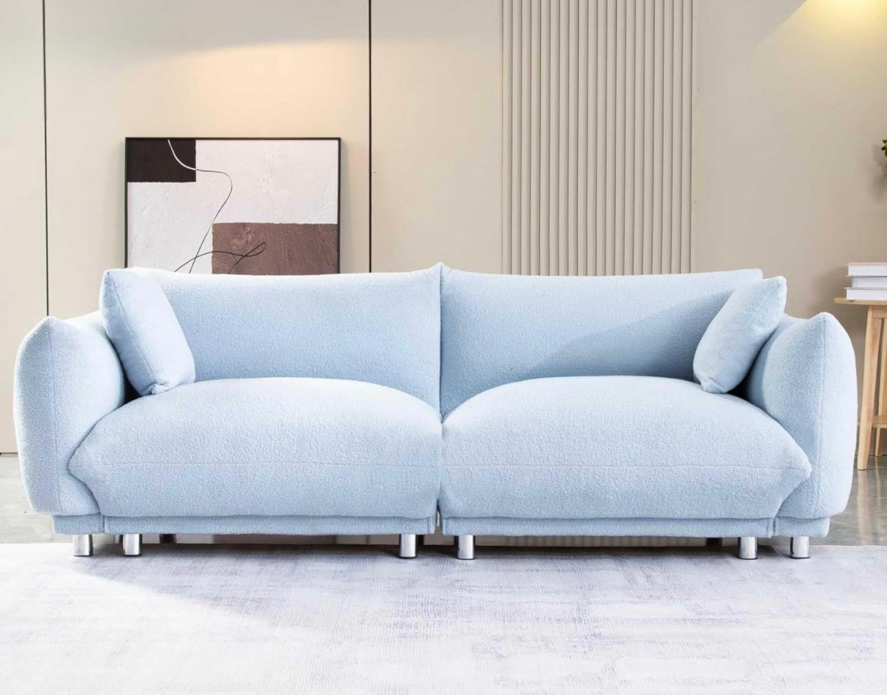 87 inch Modern Sofa, Teddy Comfy Sofa Couch with 2 Pillows, Upholstered Deep Seat Sofa, Oversized Sofa with Metal Legs for Small Space Office Apartments Bedroom Living Room (Blue)