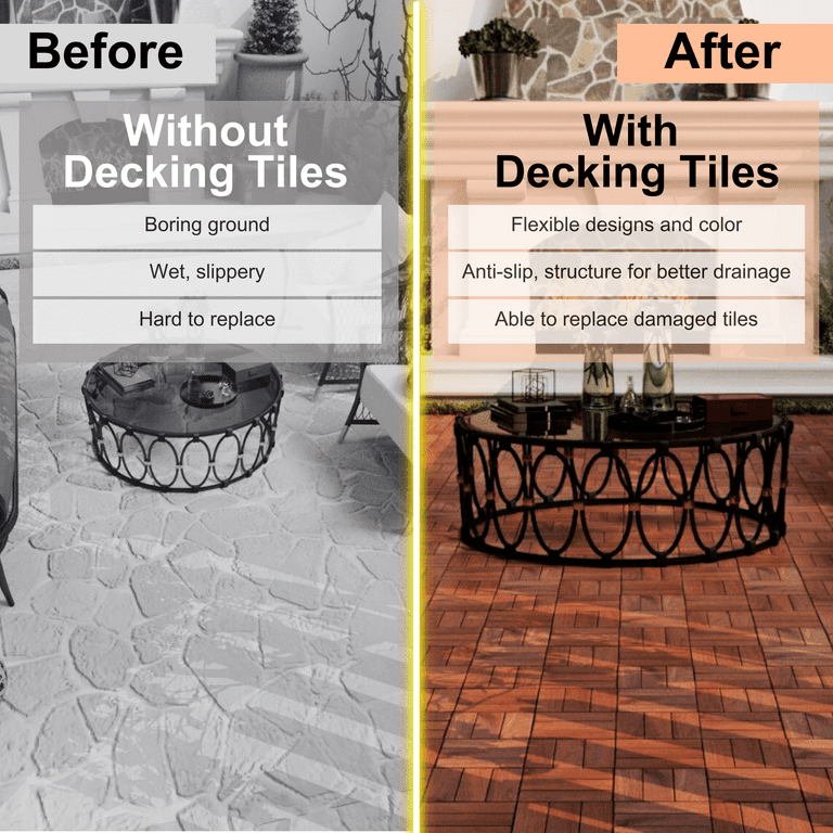 Solid Wood Patio Deck Tiles, Pack of 10, 12"x12" Square Interlocking Flooring Tiles, Acacia Wood Composite Decking Floor Tiles Indoor Outdoor, Floor Tile for Garden Poolside Backyards