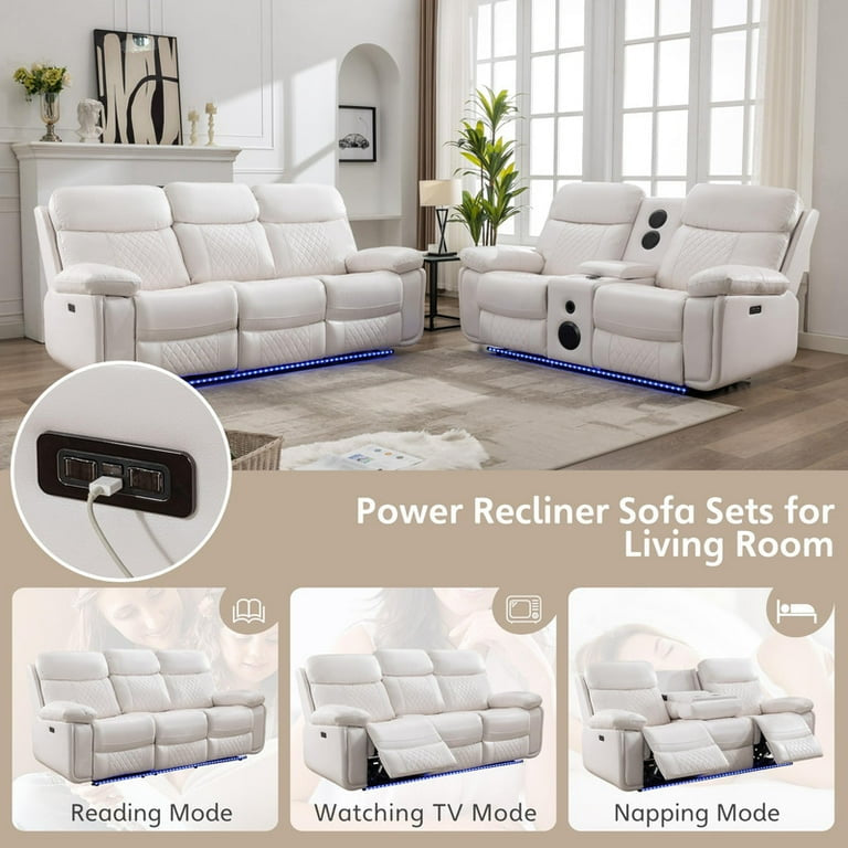 2PCS Power Recliner Sofa Sets with Bass Speaker,Wireless Charger LED Light,USB Port