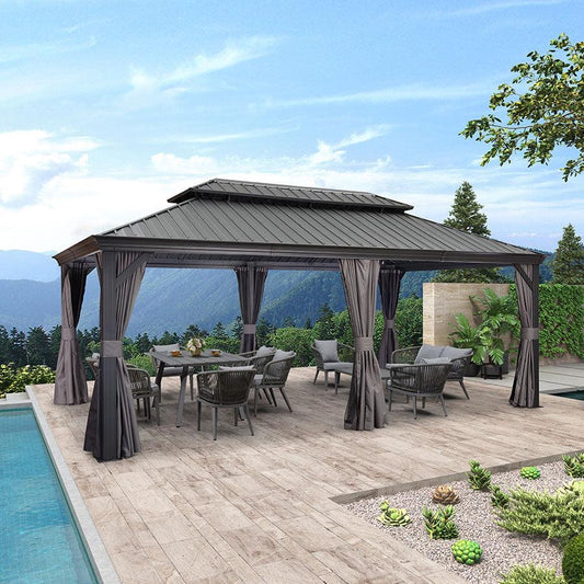 12x20ft PURPLE LEAF Patio Gazebo for Backyard Grey Hardtop Galvanized Steel Roof Awning with Upgrade Curtain