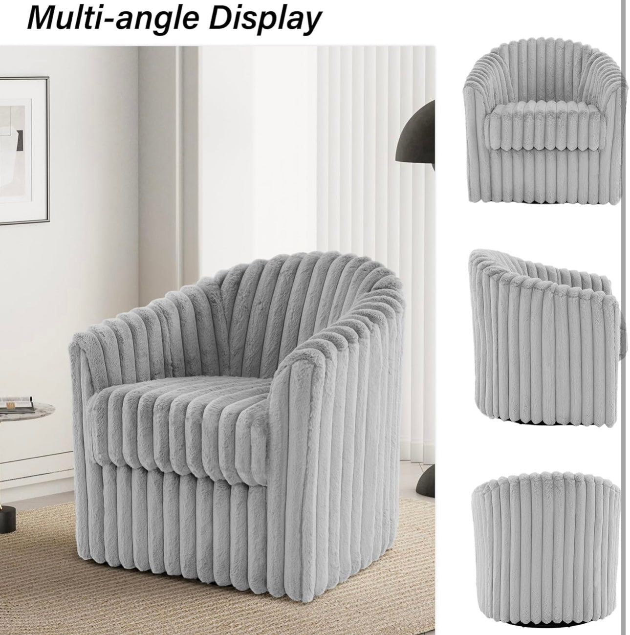 Swivel Barrel Accent Chair, Round Faux Fur Fabric Armchair for Living Room, Bedroom, Comfy Modern Mid Century Reading Chair for Adults (Grey, Set of 1)