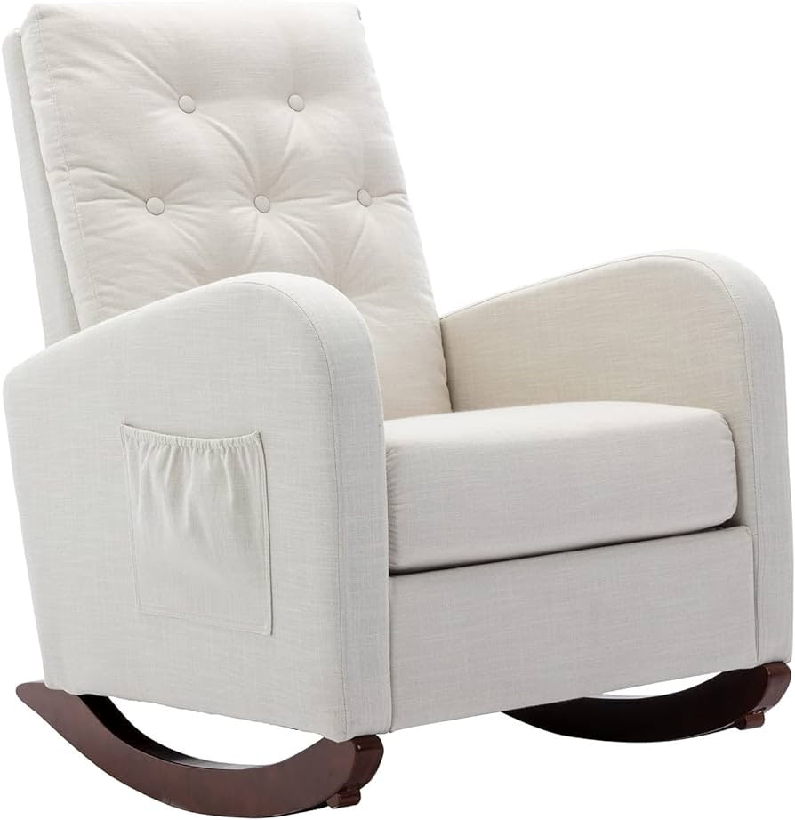 Rocking Chair Mid-Century Modern Nursery Rocking Armchair Upholstered Tall Back Accent Glider Rocker for Living Room (Off-White - Polyester)