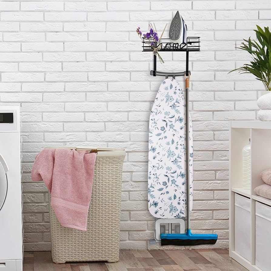 Ironing Board Hanger Wall Mount- Laundry Room Decor- Iron and Ironing Board Holder, Laundry Room Organization and Storage with Large Storage Dark Gray Wooden Base Basket and Removable Hooks