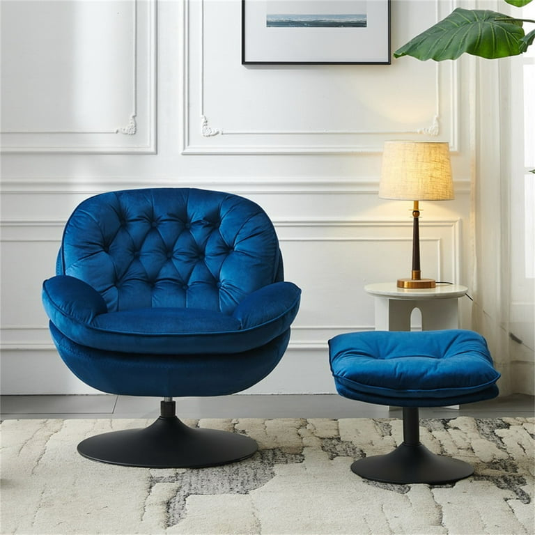 Swivel Accent Chair with Ottoman, Modern Velvet Lounge Chair with Metal Base, Comfortable 360 Degree Single Sofa Chair with Footrest, Leisure Reading Chair for Living Room Bedroom Office, Blue
