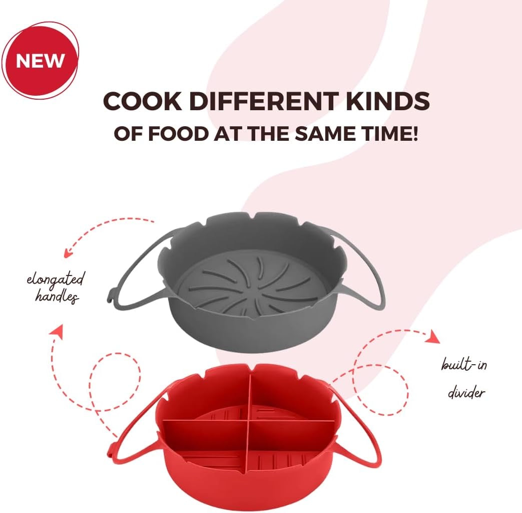 Silicone Air Fryer Liners Pot and Silicone Basket Bowl with divider, Parchment Paper Replacement, Reusable Heat Resistant Baking Tray Oven Accessories, 8 inch Fits 5-8qt (2 Pack, Grey & Red)