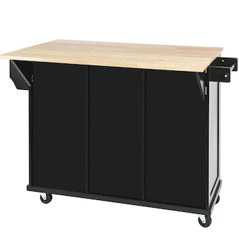 Black Rubber wood Drop-Leaf Counter top 53 in. Kitchen Island on Wheels with Storage Cabinet and 3 Drawers