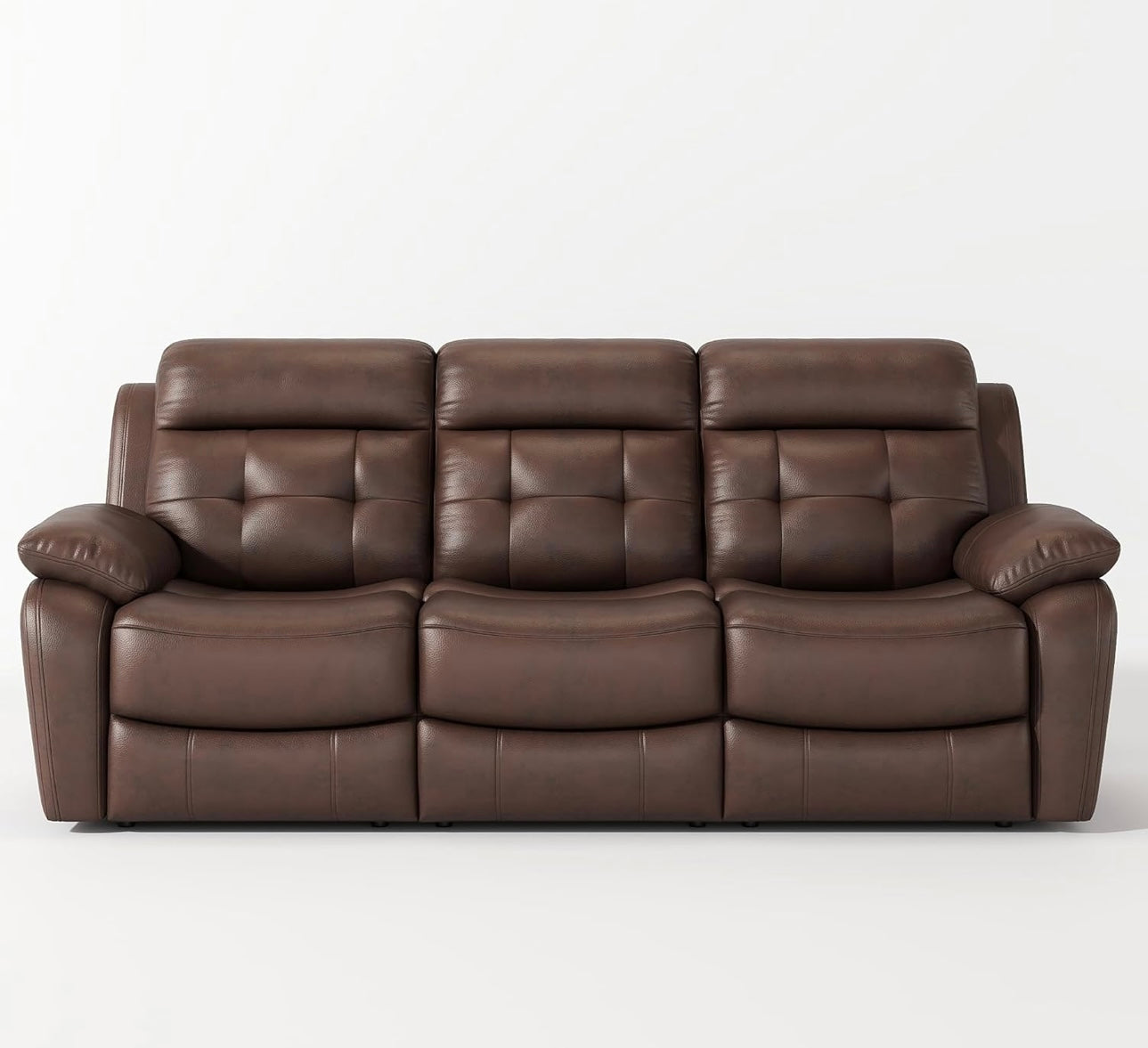 Genuine Leather Manual Reclining Sofa, 3-Seater Couch with Drop Down Table, Cup Holders & Magazine Bag, 3-Seat Dual Recliner Chair for Living Room Home Theater Office, Brown