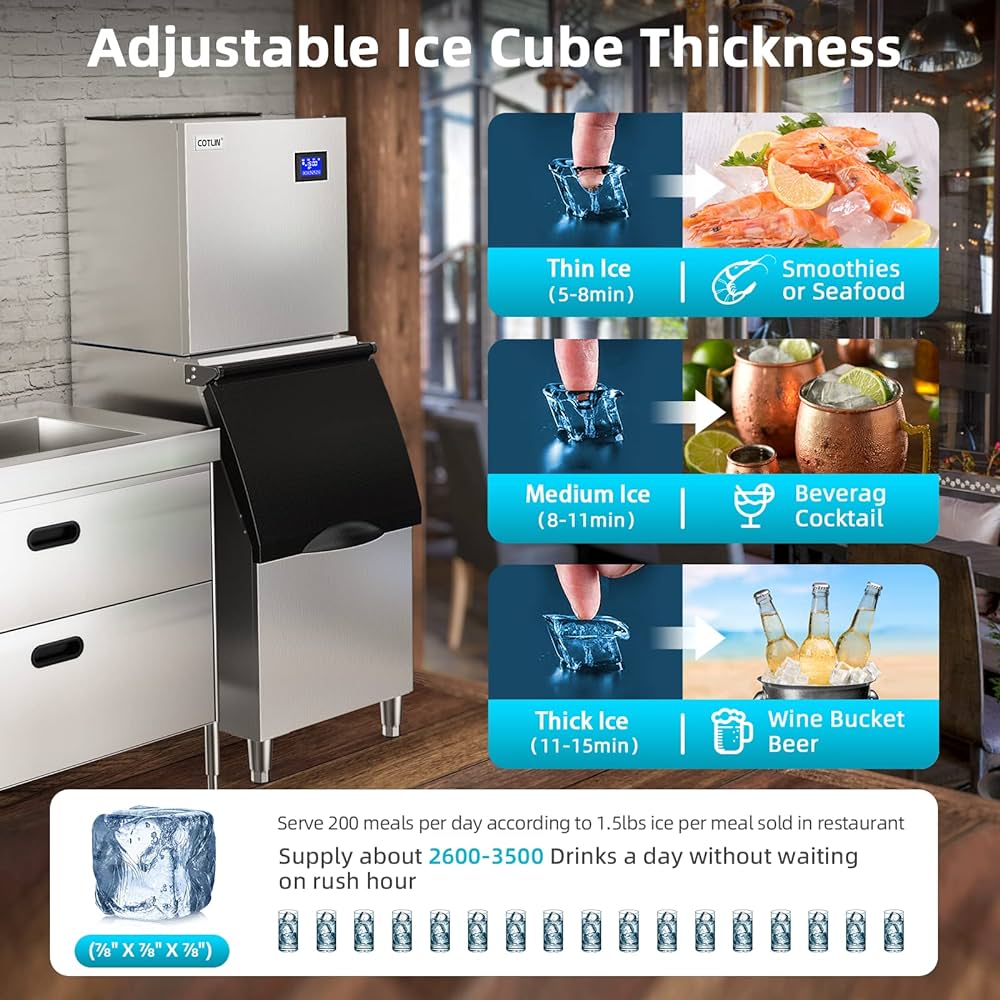 Commercial Ice Maker Machine 300LBS/24H with 300LBS Large Storage Bin, 22'' Air Cooled Clear Cubed