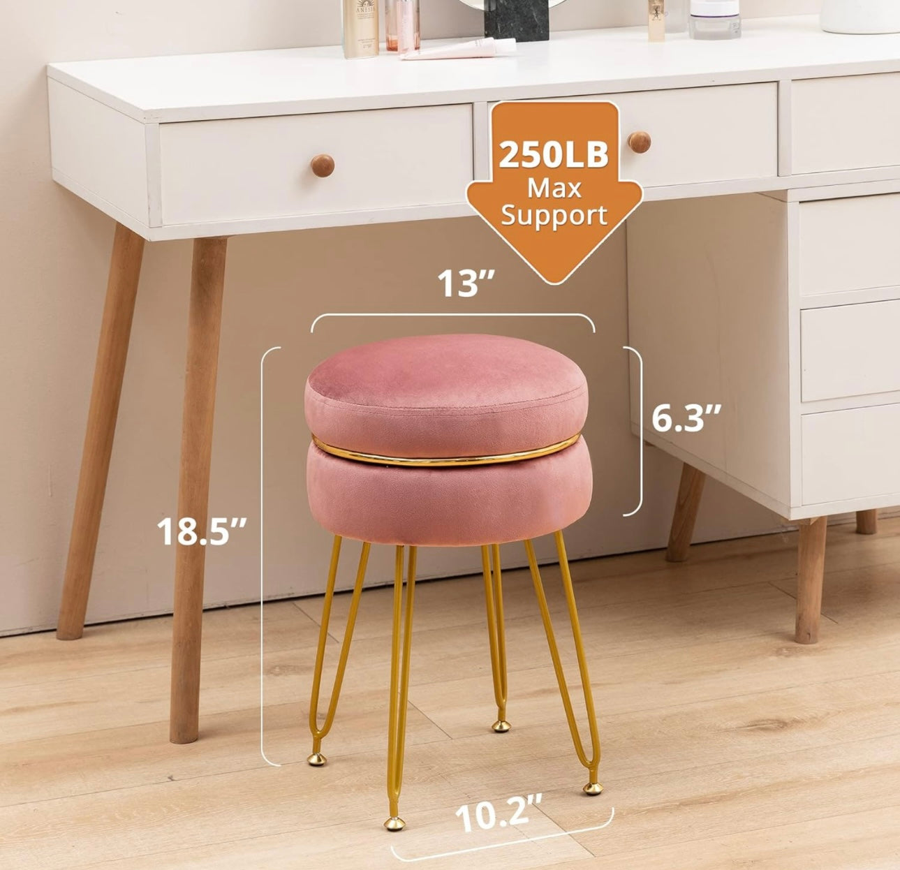 Vanity Stool Chair, 360°Swivel Pink Velvet Makeup Stool, Small Round Makeup Foot Stool Rest Ottoman with Gold Metal Legs, Upholstered Padded Stool for Makeup Vanity, Living Room