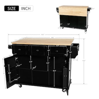 Black Rubber wood Drop-Leaf Counter top 53 in. Kitchen Island on Wheels with Storage Cabinet and 3 Drawers