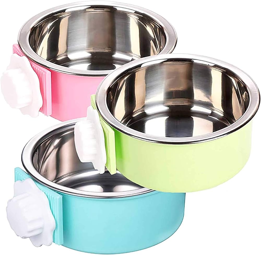 3 PCS Set Crate Dog Food Water Bowls, 2-in-1 Plastic Kennel Bowl & Stainless Steel Pet Bowl, Removable Hanging Cat Food Bowls, Feeder Coop Cup Perfect for Cat, Puppy, Birds, Rats, Ferret, Guinea Pigs.
