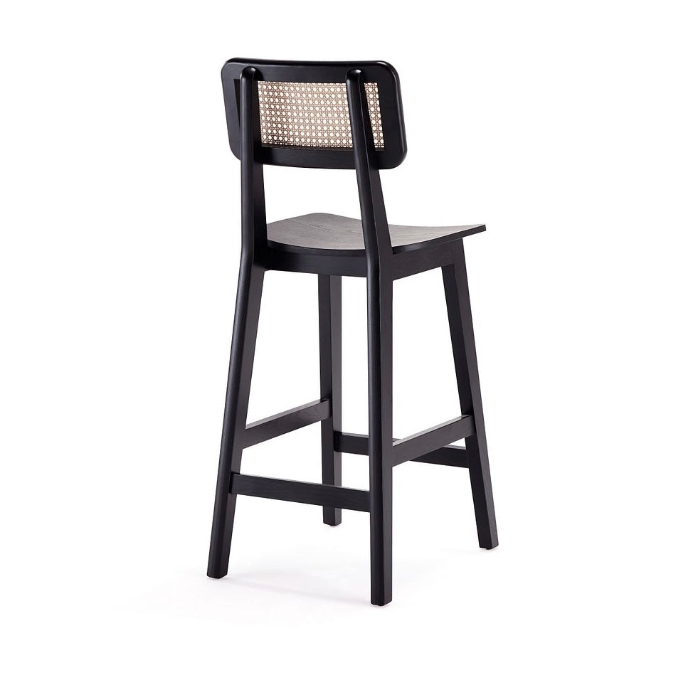 Manhattan Comfort Versailles Black & Natural Cane Counter Stool.Designer Modern Wood Bar Stool with Natural Cane Back 30”Height