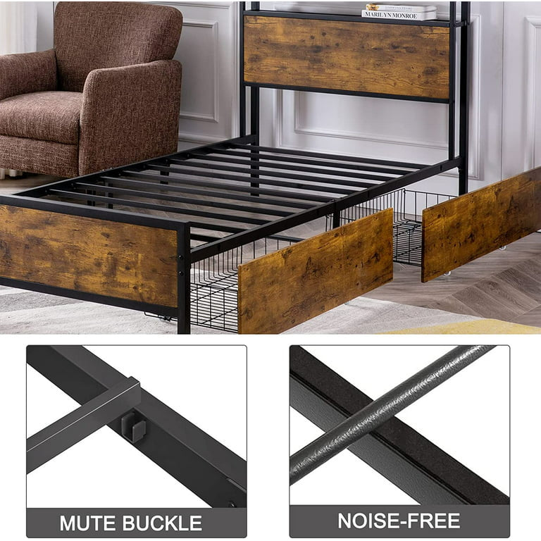 Twin XL Bed Frame with 2 Storage Drawers - Platform Bed Frame with 2-Tier Headboard, Strong Metal Slat Support and 10.5inch Under Bed Storage for Bedroom, No Box Spring Needed, Easy Assembly