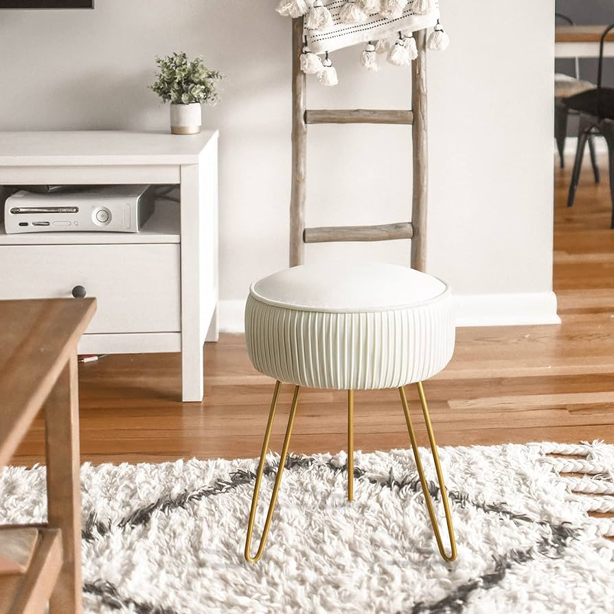 Pleated Vanity Stool, Velvet Upholstered Vanity Stool for Makeup Room, Round Mondern Stool for Vanity, Ottoman Footrest Stool with Metal Legs for Living Room, Bedroom, Beige