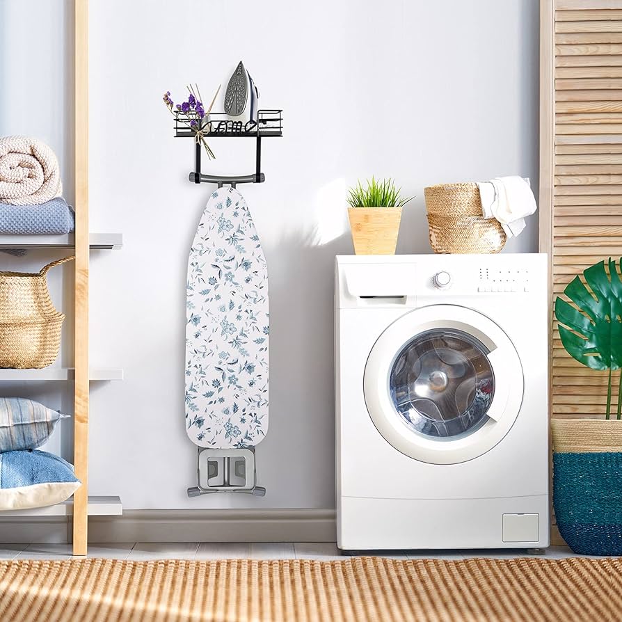 Ironing Board Hanger Wall Mount- Laundry Room Decor- Iron and Ironing Board Holder, Laundry Room Organization and Storage with Large Storage Dark Gray Wooden Base Basket and Removable Hooks