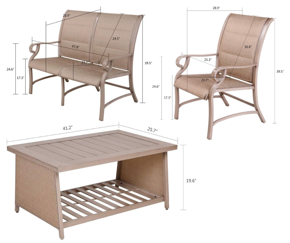 Champagne Gold 4-Piece Cast Aluminum Patio Rectangle Outdoor Dining Set with Love Seat for Garden, Yard