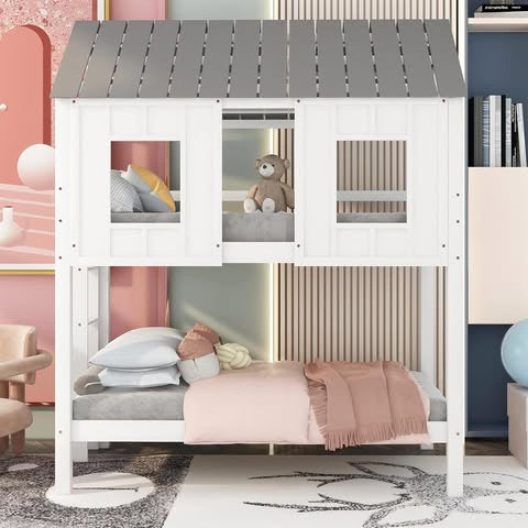 Quarte Twin Over Twin House Bunk Bed with Slide and Windows, Wood Low Bunk Bed with Ladder and Guardrails,Designed for Toddlers/Kids/Teens/Girls/Boys