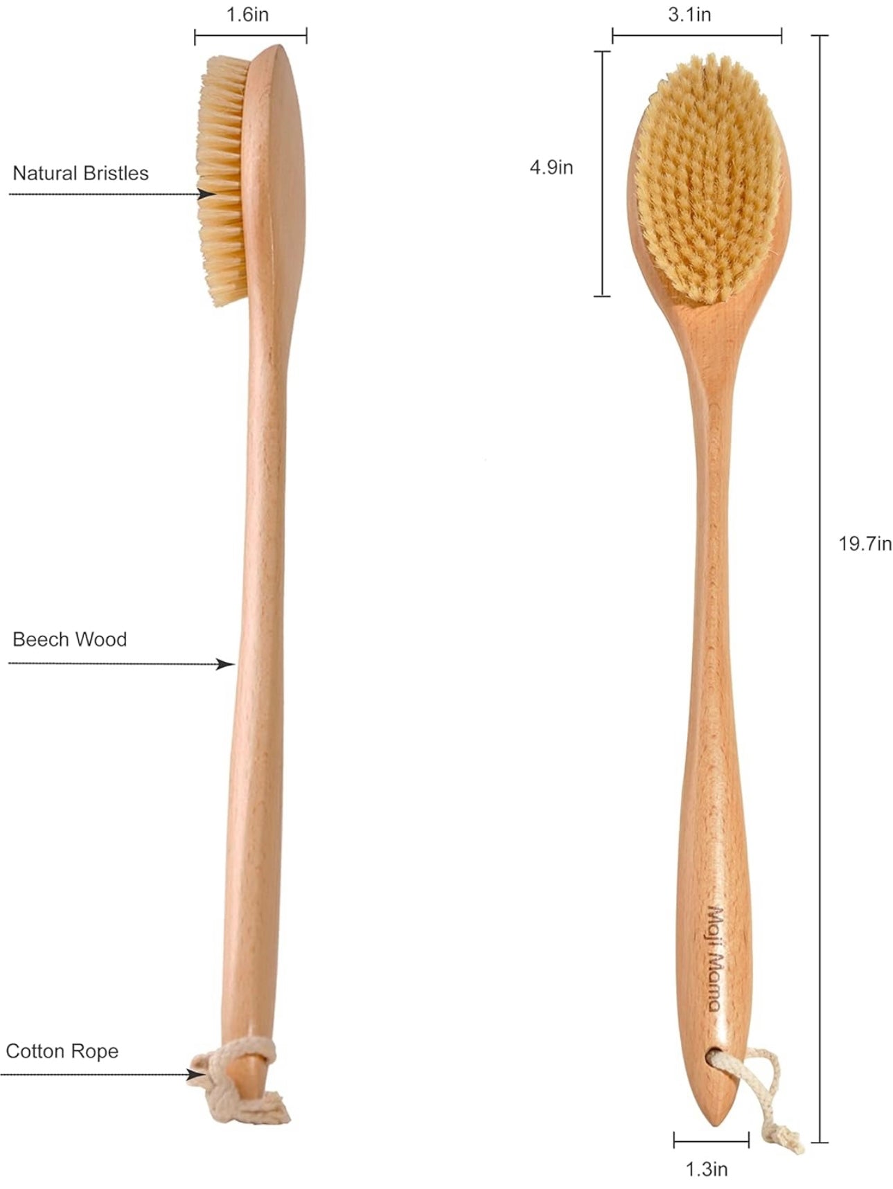 19.7inch Upgrade Long Handle Bath Brush Wood Shower Brush Natural Bristles for Wet or Dry Brushing, Back Scrubber for Gentle Exfoliating and Cleaning
