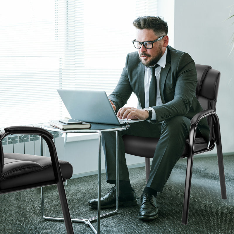 Reading Guest Chair - Black | Leather | Padded Arm Rest | Stackable Leather Seat Waiting Room Chair with Metal Frame