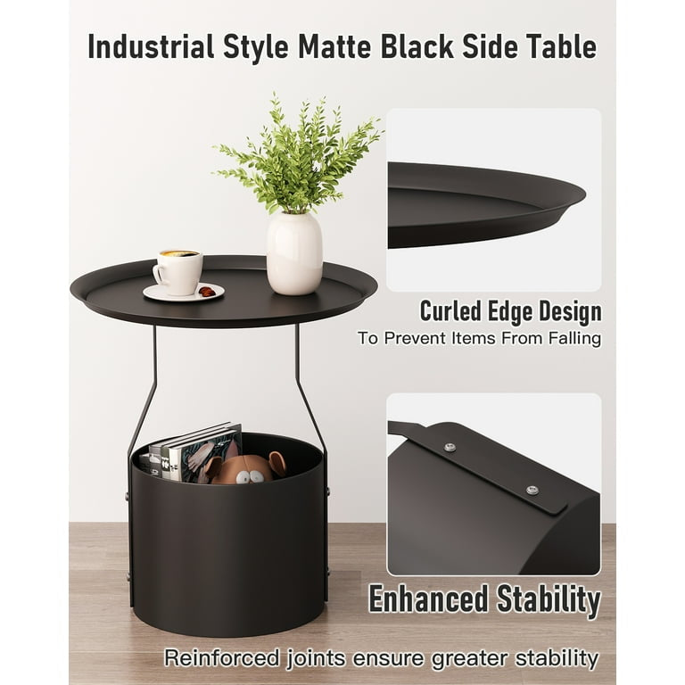 End Table Round Sofa Side Table with Iron Storage Basket Small Coffee Tables Nightstand Bedside Table for Living Room Bedroom Metal-Black