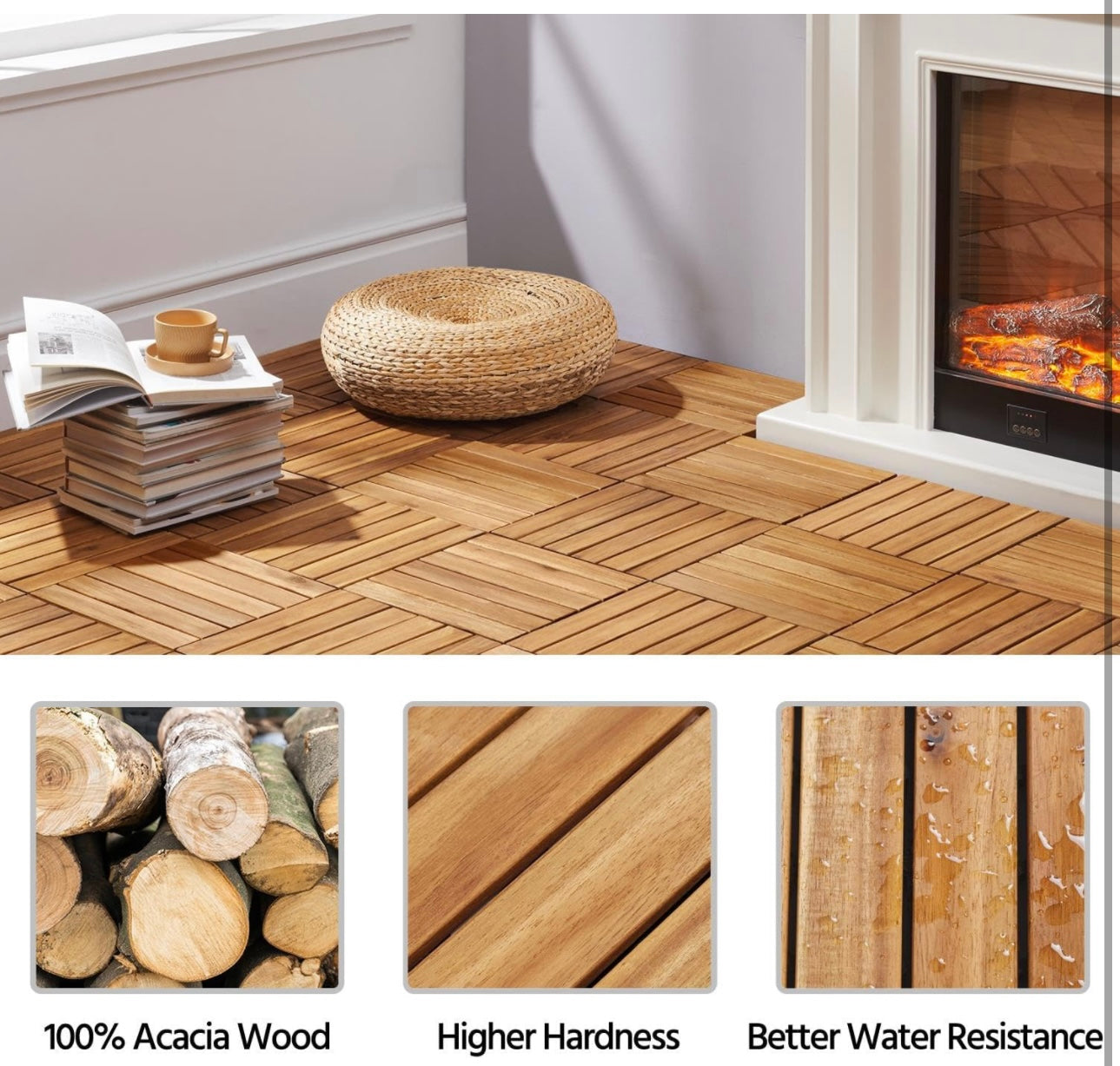 Pack of 9PCS Acacia Wood Interlocking Flooring Tiles Waterproof Flooring for Outdoor & Indoor Patio,Balcony,Garden,Poolside,12 × 12 in