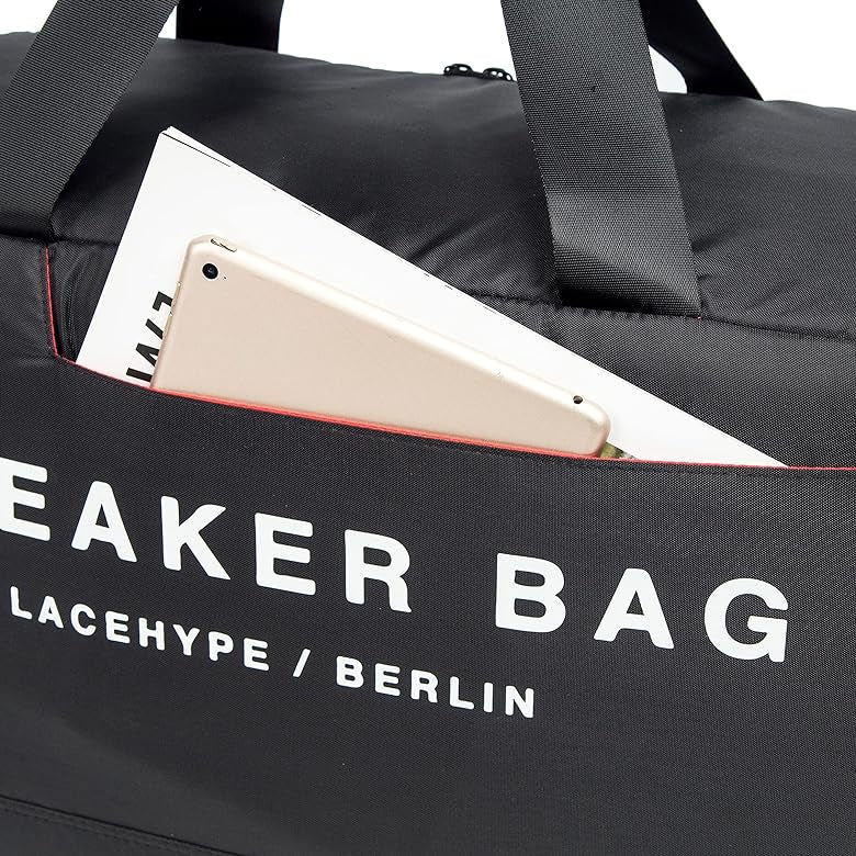 Sneaker Bag, Duffel Bag, Gym Training Bag, Travel Bag, Basketball Bag, Footbal Bag with 3 adjustable compartment dividers (Black/red "Sneaker Bag)