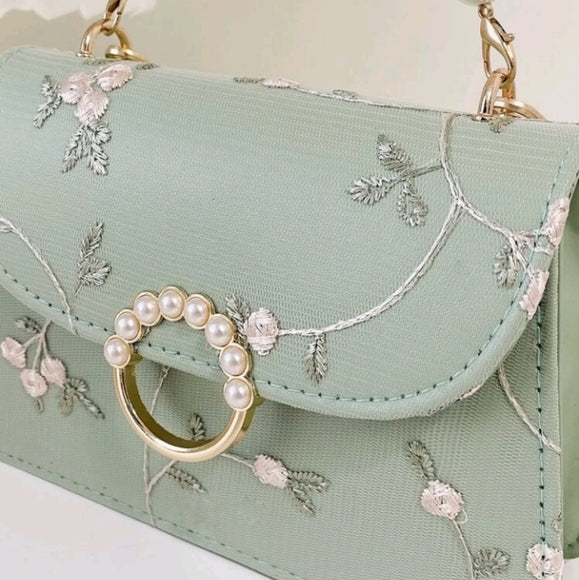 Faux Pearl Handle Top Green Floral Embroidery crossbody mini bag