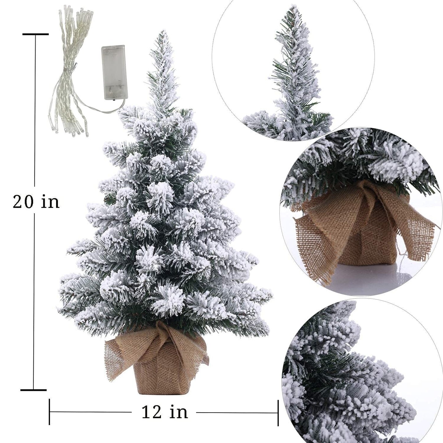 Pre-Lit Artificial Mini Christmas Tree,20 Inch Snow Flocked Artificial Pine Xmas Tree with 40 LED Lights,70 Branch Tips,Desktop Christmas Tree Burlap Base-(50cm)