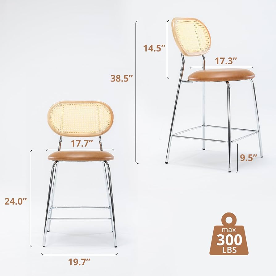 Faux Leather Bar Stools Rattan and Wood Backrest with Metal Leg,Modern Upholstered Round seat Chair Counter Height Barstools for Bistro Home Office Restaurants,24",Whiskey Brown