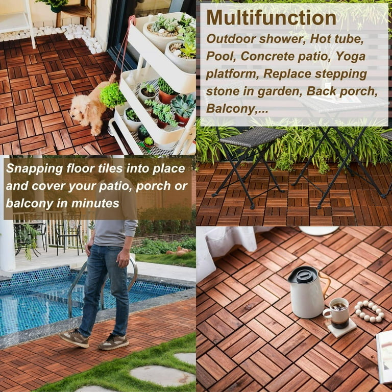 Solid Wood Patio Deck Tiles, Pack of 10, 12"x12" Square Interlocking Flooring Tiles, Acacia Wood Composite Decking Floor Tiles Indoor Outdoor, Floor Tile for Garden Poolside Backyards