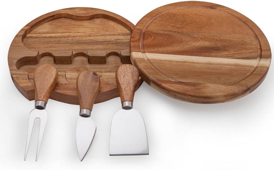 Round Slide-Out Acacia Wood Cheese Serving Board and 3 Piece Cheese Tool Set, 7.5 inch Diameter, Ideal for Outdoor Picnic Housewarming Kitchen Personalized Gift