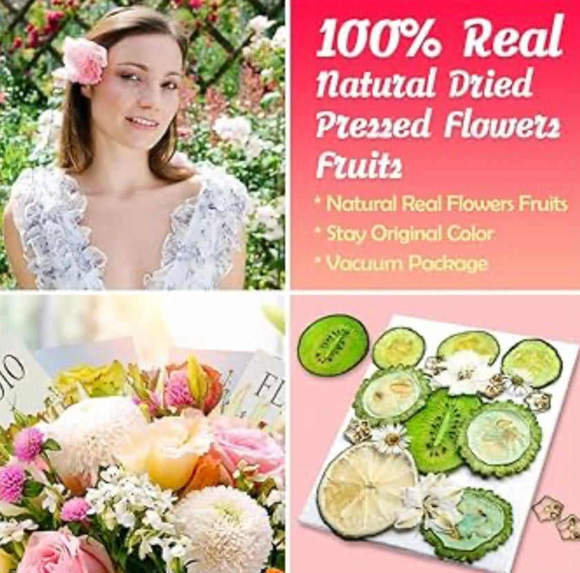60+ Pieces Dried Pressed Flowers Fruits Set, Real Flowers Fruits for Resin, Natural Fruits Flowers Kit for Crapbooking DIY Art Crafts, Epoxy Resin Jewelry Molds, Candle, Soap Making, Nails DéCor