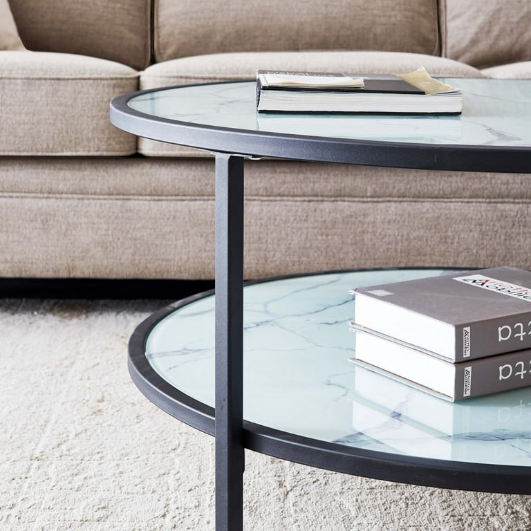 Glass Round Coffee Table with Open Shelf Storage, Faux Marble Coffee Table, Modern Coffee Table for Office, Living Room Coffee Table with Black Metal Frame