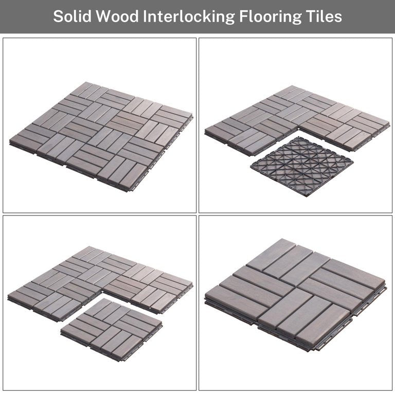 Solid Wood Patio Deck Tiles, Pack of 10, 12"x12" Square Interlocking Flooring Tiles, Acacia Wood Composite Decking Floor Tiles Indoor Outdoor, Floor Tile for Garden Poolside Backyards