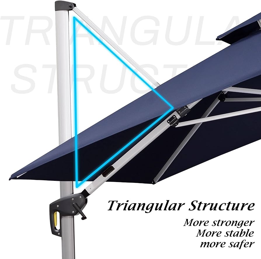 PURPLE LEAF 10 Feet Double Top Deluxe Solar Powered LED Square Patio Umbrella Offset Hanging Umbrella Outdoor Market Garden Umbrella, Including Base. Navy Blue