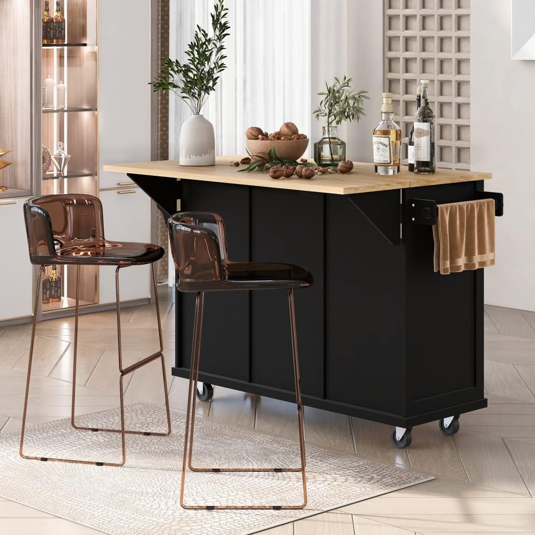 Black Rubber wood Drop-Leaf Counter top 53 in. Kitchen Island on Wheels with Storage Cabinet and 3 Drawers