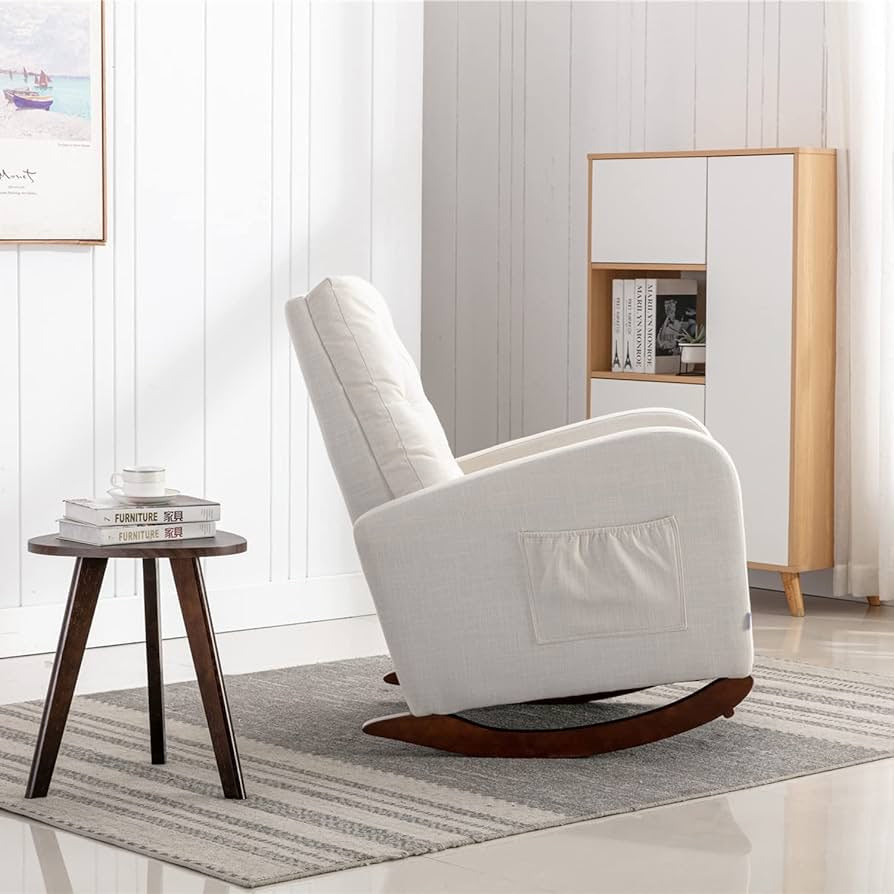Rocking Chair Mid-Century Modern Nursery Rocking Armchair Upholstered Tall Back Accent Glider Rocker for Living Room (Off-White - Polyester)