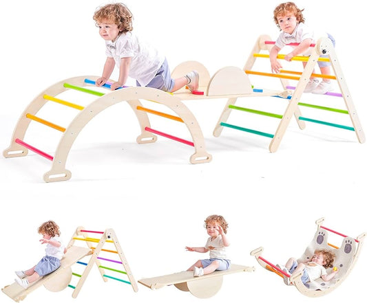 5 in 1 Pikler Triangle Set, Foldable Large Size Baby Climbing Toys Ind5 in 1 Pikler Triangle Set, Foldable Large Size Baby Climbing Toys Indoor Gym for Toddlers Wooden Montessori Climbing Set, Adjustable Height Pikler Triangle, Kids Toys with Ramp Sliding