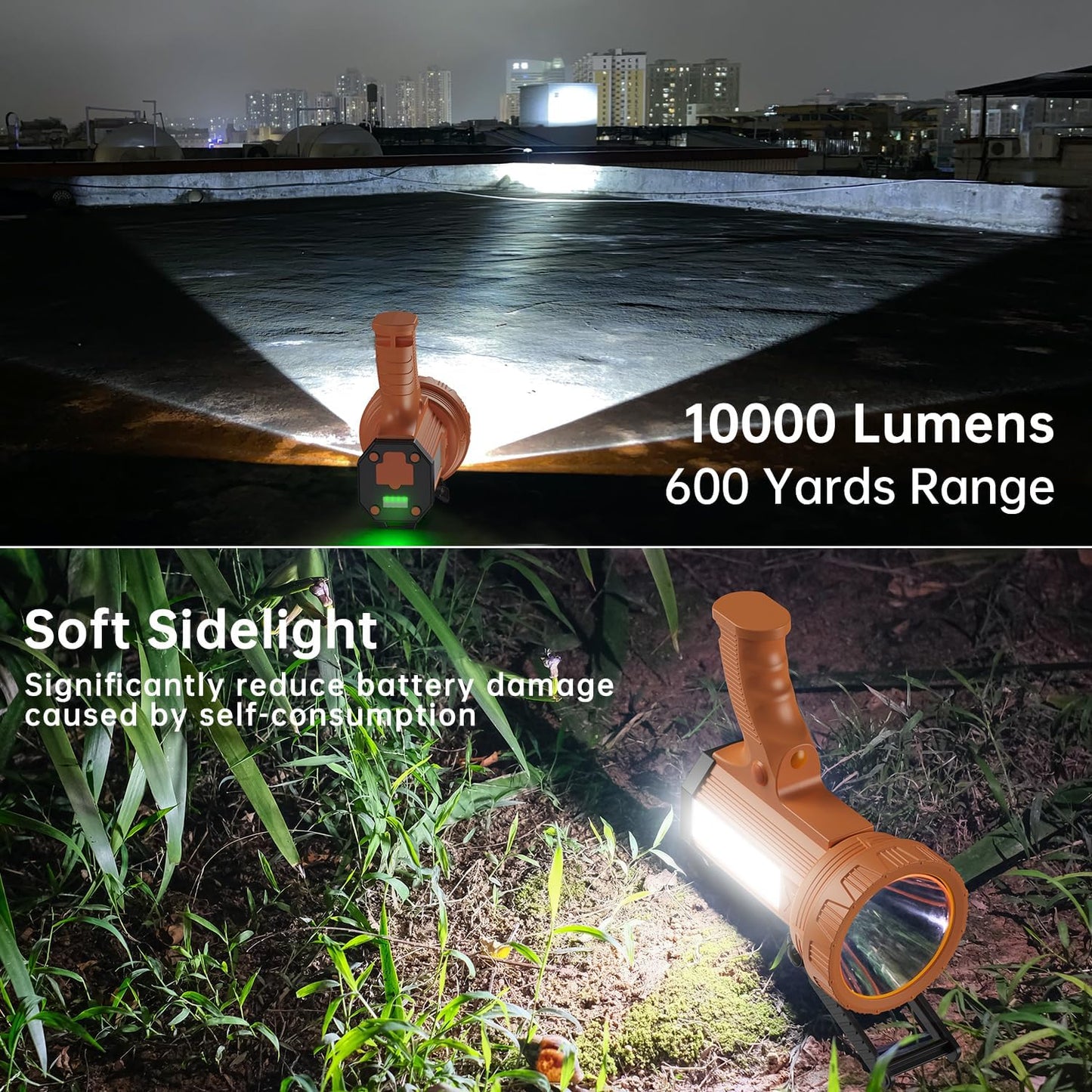 Rechargeable Spotlight Flashlight, 180000 lumens 606 Yards Range Solar Spot Lights Hand held Large flashlights with red Lens and Side Flood Light Warning Light USB C Recharge(Orange)