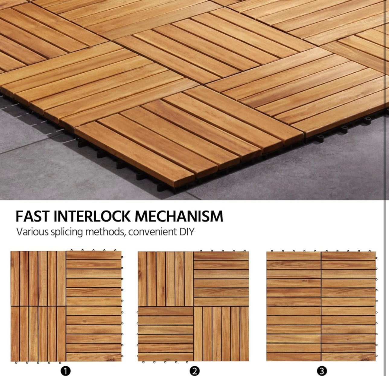 Pack of 9PCS Acacia Wood Interlocking Flooring Tiles Waterproof Flooring for Outdoor & Indoor Patio,Balcony,Garden,Poolside,12 × 12 in