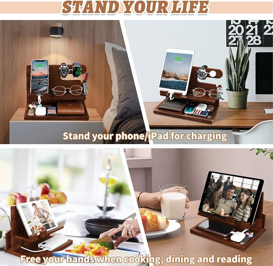 Wood Phone Docking Station - Nightstand Charging Organizer and Cell Phone Stand