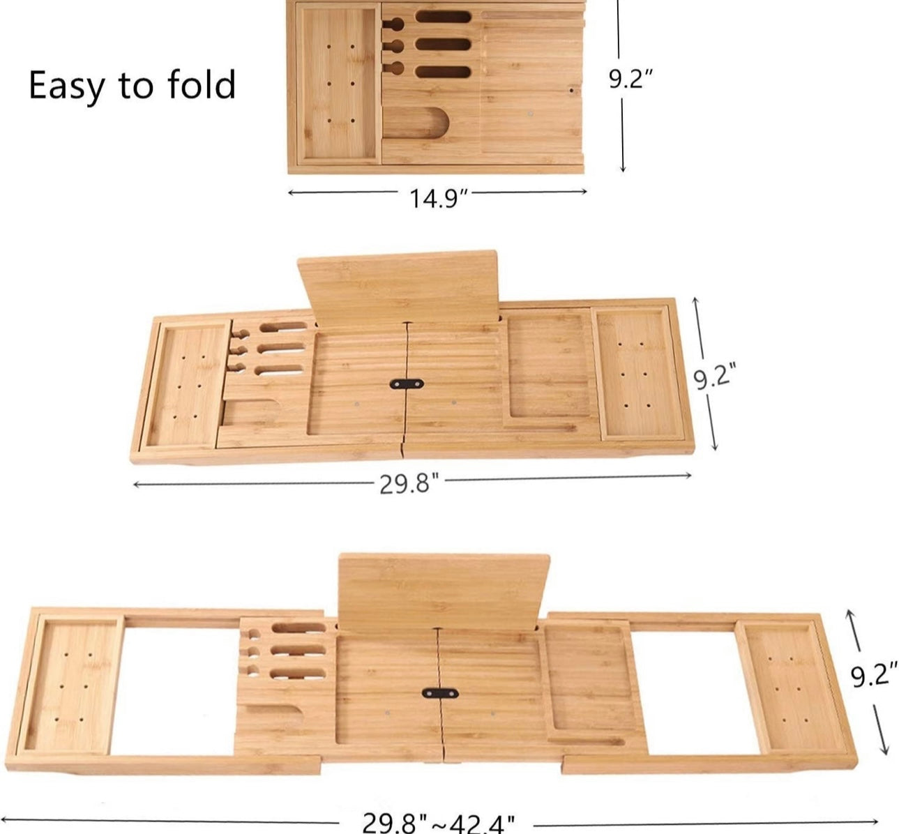 Bathtub Expandable Bamboo Tray, with Book Holder,Soap Dish, Wine Glass Slot