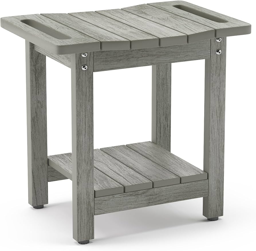 HDPS Shower Benches for Inside Shower, Gray Shower Stool for Shaving Legs with Shelf, Waterproof Shower Chair Seat for Spa Bathroom, Weather Resistant/Non-Slip/Handles/Indoor or Outdoor Use