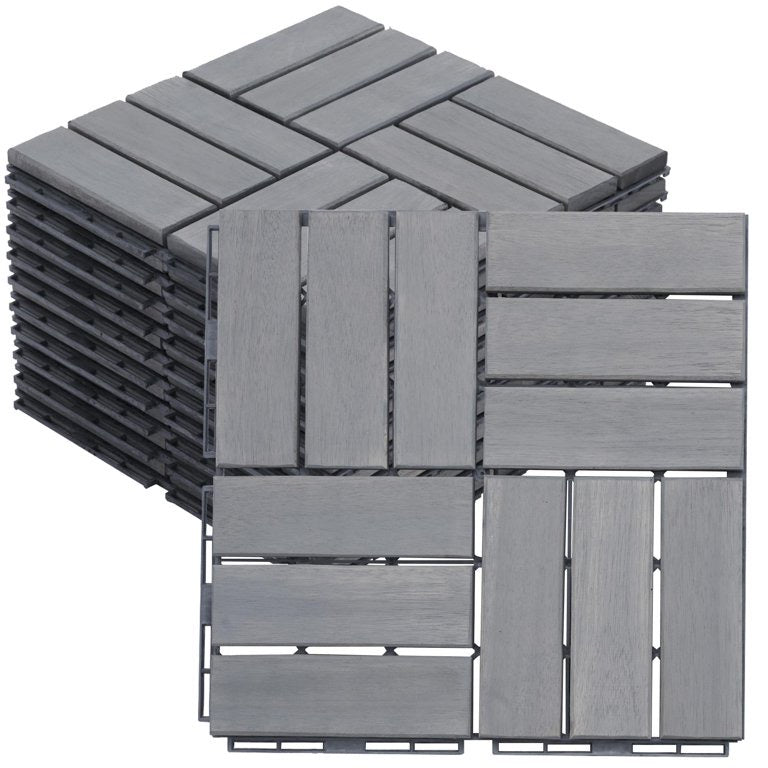 Solid Wood Patio Deck Tiles, Pack of 10, 12"x12" Square Interlocking Flooring Tiles, Acacia Wood Composite Decking Floor Tiles Indoor Outdoor, Floor Tile for Garden Poolside Backyards