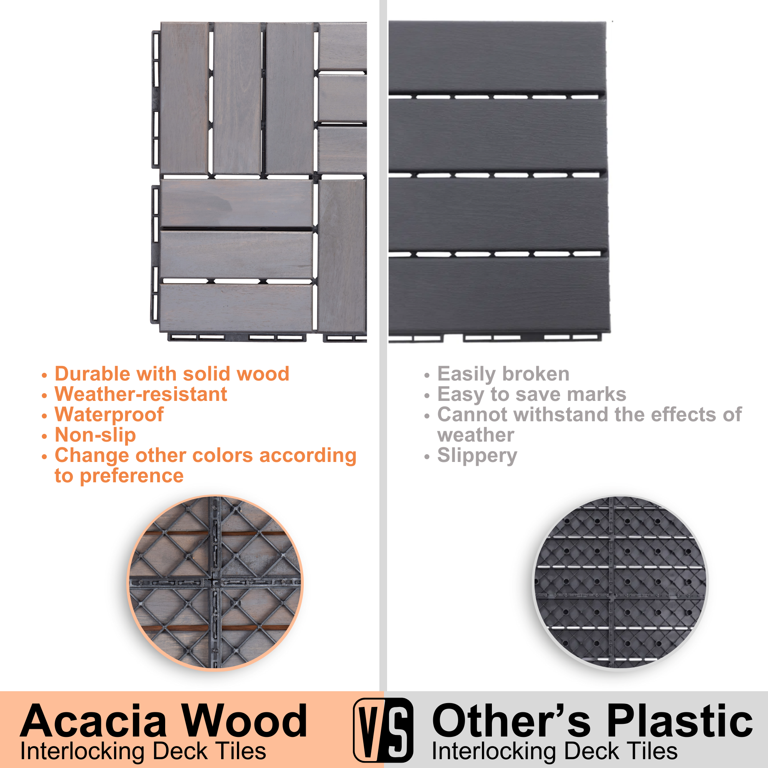 Solid Wood Patio Deck Tiles, Pack of 10, 12"x12" Square Interlocking Flooring Tiles, Acacia Wood Composite Decking Floor Tiles Indoor Outdoor, Floor Tile for Garden Poolside Backyards