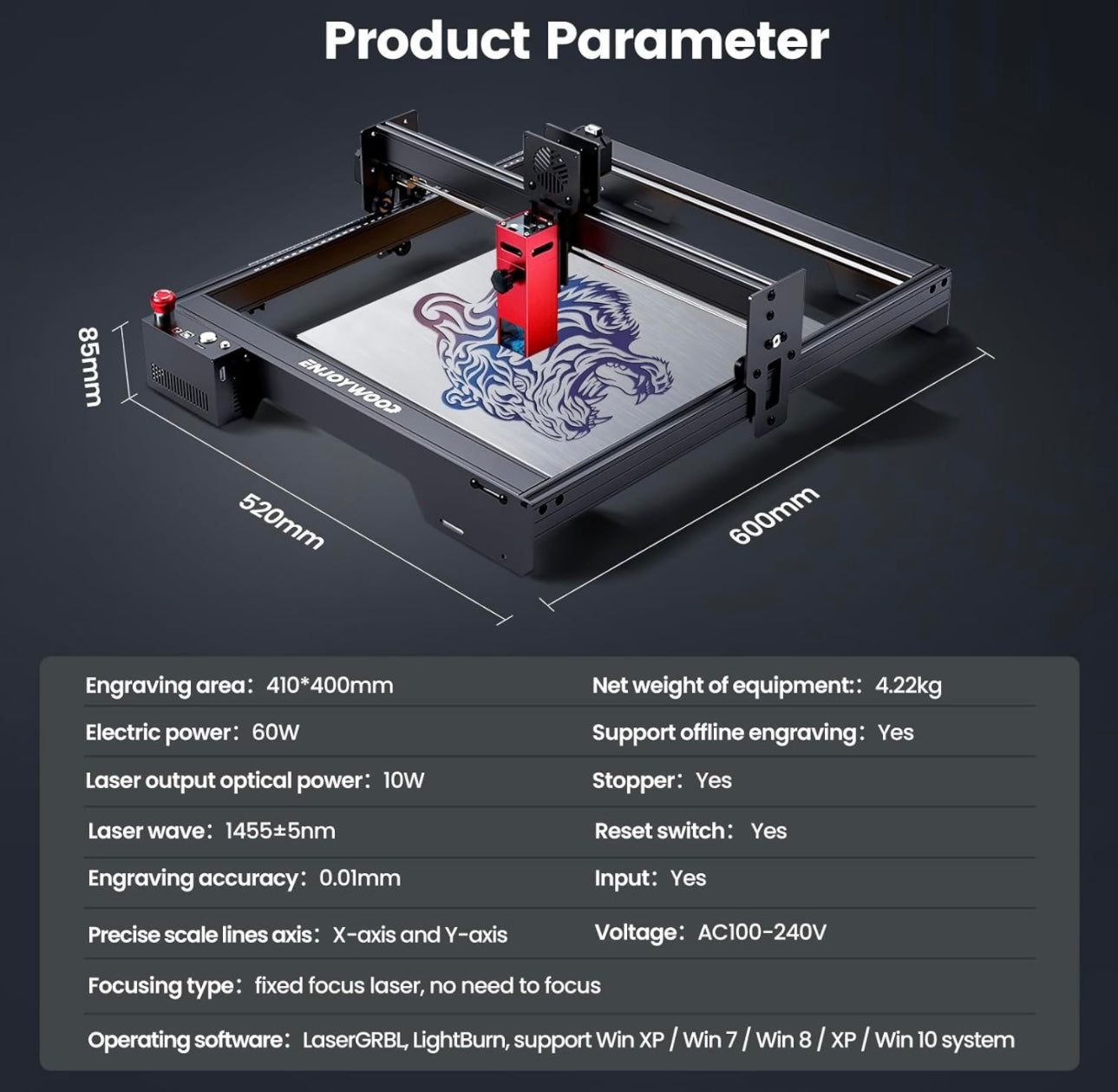 Laser Machine Laser Engraving 10W Output Power Laser Engraving Machine 0.06 * 0.06mm Double Compressed Spot Laser Engraver with Rotary Roller for Wood and Metal Etc 410 * 400mm
