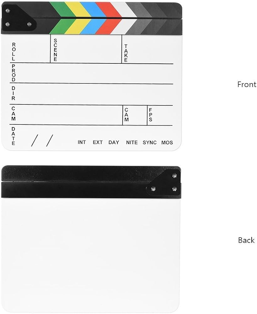 Professional Movie Directors Clapboard, Photography Studio Video TV Acrylic Clapper Board Dry Erase Film Slate Cut Action Scene Clapper with Color Sticks 9.6x11.7 inch/25x30cm, White