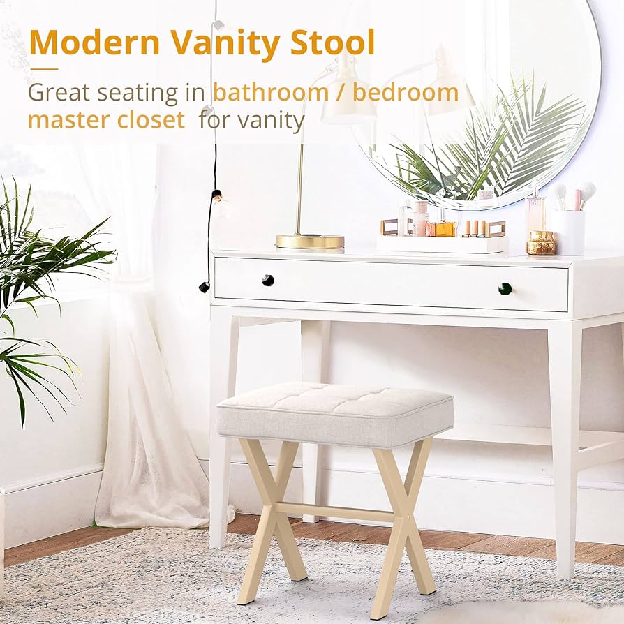 Vanity Stool, Square Linen Makeup Stool with Metal X Legs, Small Ottoman Stool Chair for Vanity, Modern Padded Vanity Seat Foot Rest Stool for Makeup Room, Living Room, Bathroom