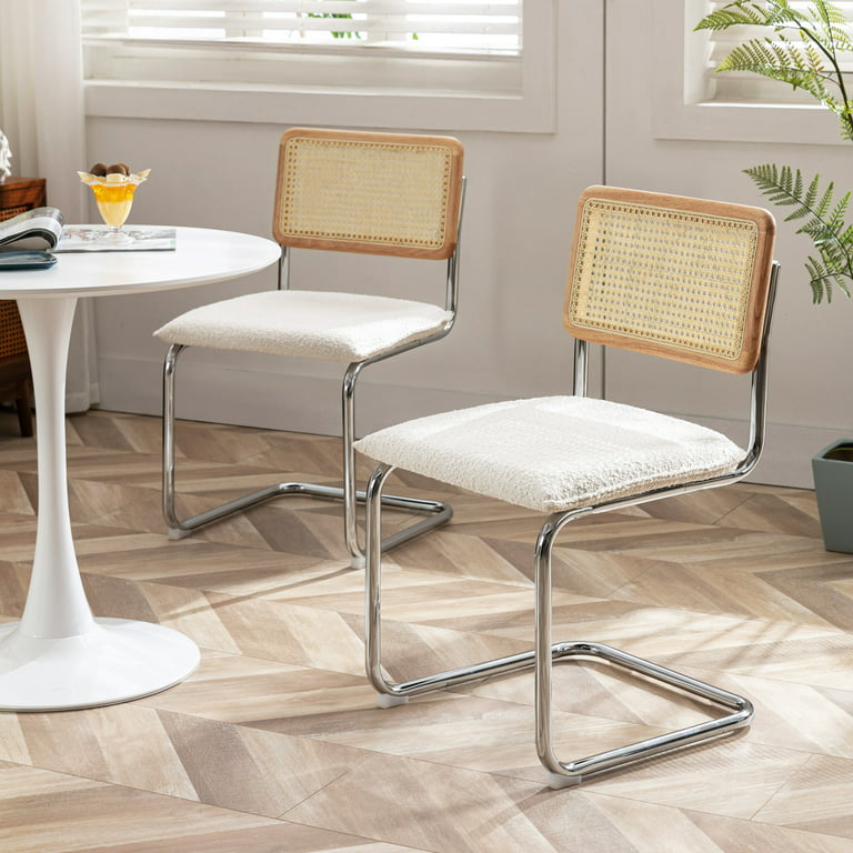 Rattan Dining Chairs Set of 2, Boucle Dining Chair with Cane Back and Chrome Legs, Mid-Century Modern Upholstered Side Chair for Dining Room, White